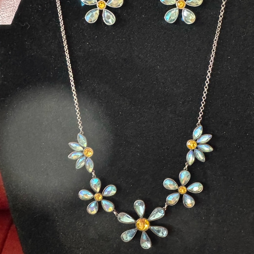Silver and Gold Floral Necklace and Earring Set Touchstone Crystal by Swarovski
